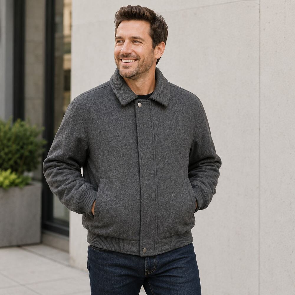 London Fog Mens M Charcoal Gray Wool Blend Bomber Jacket Zip Coat Classic Preppy